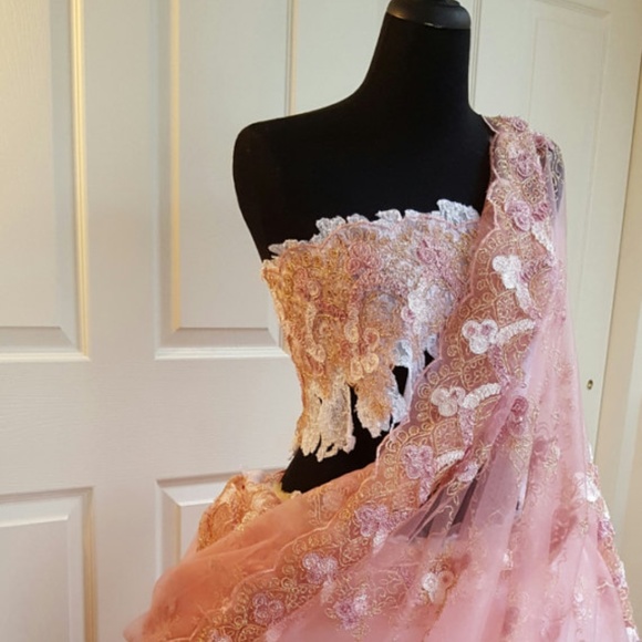 Pink Gold White Lace Lehenga Sari Bridal Ballgown - Picture 3 of 11